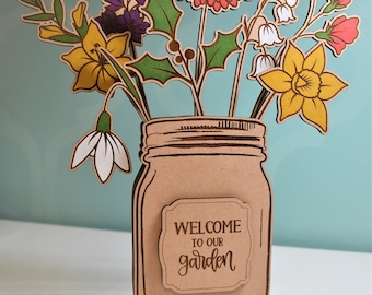 Handcrafted Mason Jar with Birth Month Flower for Home Decor, Birth Month Flower Jar, Mason Jar Bouquet with Laser Engraved Wooden Flowers