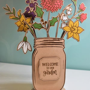 Personalized Mason Jar Flower Bouquet With Laser Engraved Wooden Birth Flowers, Unique Mother's Day Gift
