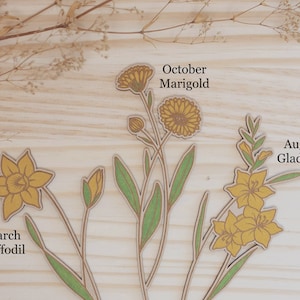 Yellow birth month flowers are March Daffodil, August Gladiolus and October Marigold