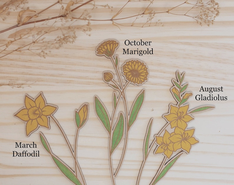 Yellow birth month flowers are March Daffodil, August Gladiolus and October Marigold