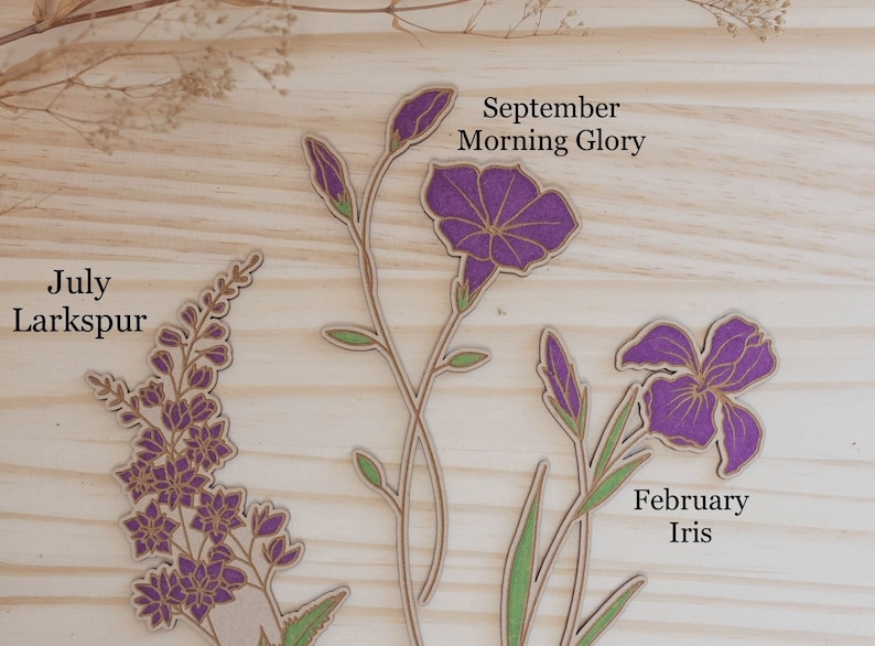 Purple birth month flowers are February Iris, July Larkspur and September Morning Glory