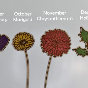 Może przedstawiać: Cztery drewniane wycięcia kwiat&oacute;w: September Morning Glory (fioletowy), October Marigold (ż&oacute;łty), November Chrysanthemum (czerwony) i December Holly Berry (zielony). Każdy kwiat ma cienką, drewnianą łodygę. Nazwy kwiat&oacute;w są napisane powyżej.