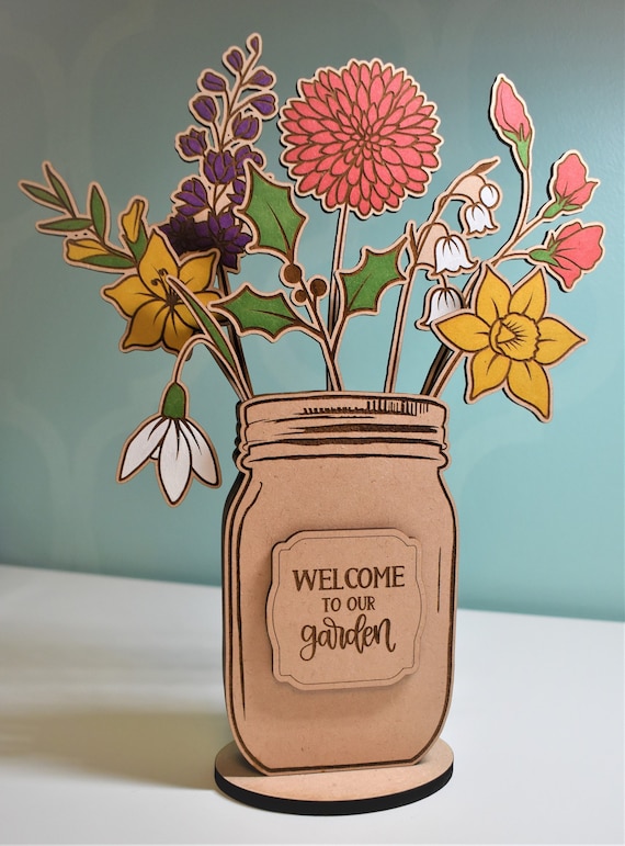 Laser Engraved Wooden Flower Bouquet: Birth Month Mason Jar Decor