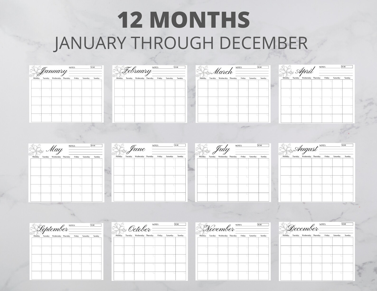 Printable Monthly Blank Calendar, Simple Calendar, 11 X 8.5 Inch ...