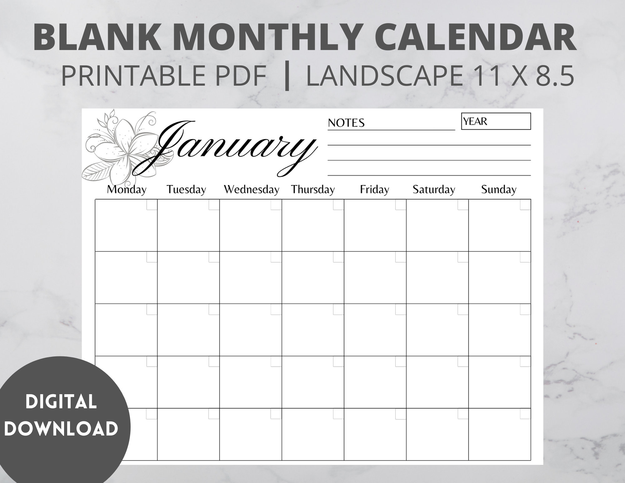 Printable Monthly Blank Calendar, Simple Calendar, 11 X 8.5 Inch, Undated Calendar, PDF