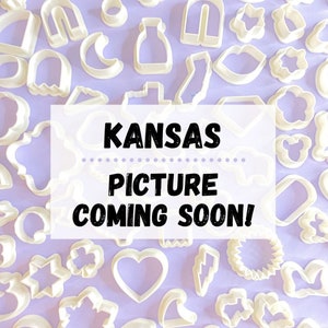 Peut inclure: Une collection d'emporte-pièces en plastique blanc de différentes formes, dont un cœur, une étoile, un éclair, et plus encore. Les emporte-pièces sont disposés sur un fond violet clair. Le texte "KANSAS PICTURE COMING SOON!" est affiché au centre de l'image.