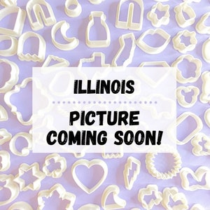 May include: A collection of white plastic cookie cutters in various shapes, including stars, hearts, and geometric forms, are scattered on a light purple surface. The image includes the text "ILLINOIS PICTURE COMING SOON!"