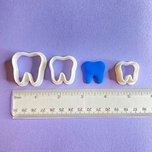 May include: Four white plastic cookie cutters shaped like teeth, with one cutter in blue plastic. The cutters are arranged in a row from largest to smallest, with a ruler underneath for size reference.