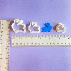 May include: Four white plastic bunny cookie cutters of varying sizes. The largest cutter is approximately 2 inches wide. The smallest cutter is approximately 1 inch wide. The cutters are on a purple surface with a ruler for scale.