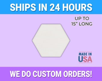May include: A white hexagonal blank sign with the text "SHIPS IN 24 HOURS" at the top, "UP TO 15" LONG" in the upper right corner, "MADE IN USA" in the lower right corner, and "WE DO CUSTOM ORDERS!" at the bottom.