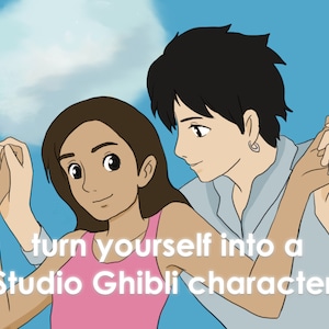 Peut inclure: Une illustration de bande dessinée d'un jeune couple se tenant la main. La femme porte un débardeur rose et l'homme porte une chemise bleu clair. Le texte "transformez-vous en un personnage de Studio Ghibli !" est écrit en lettres blanches sur un fond bleu.
