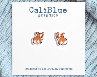 Cute Corgi Dog Earrings, stud earrings, Kawaii Corgi earrings, Fall gift earrings, Animal Pet earrings, Shrink Plastic Earrings.