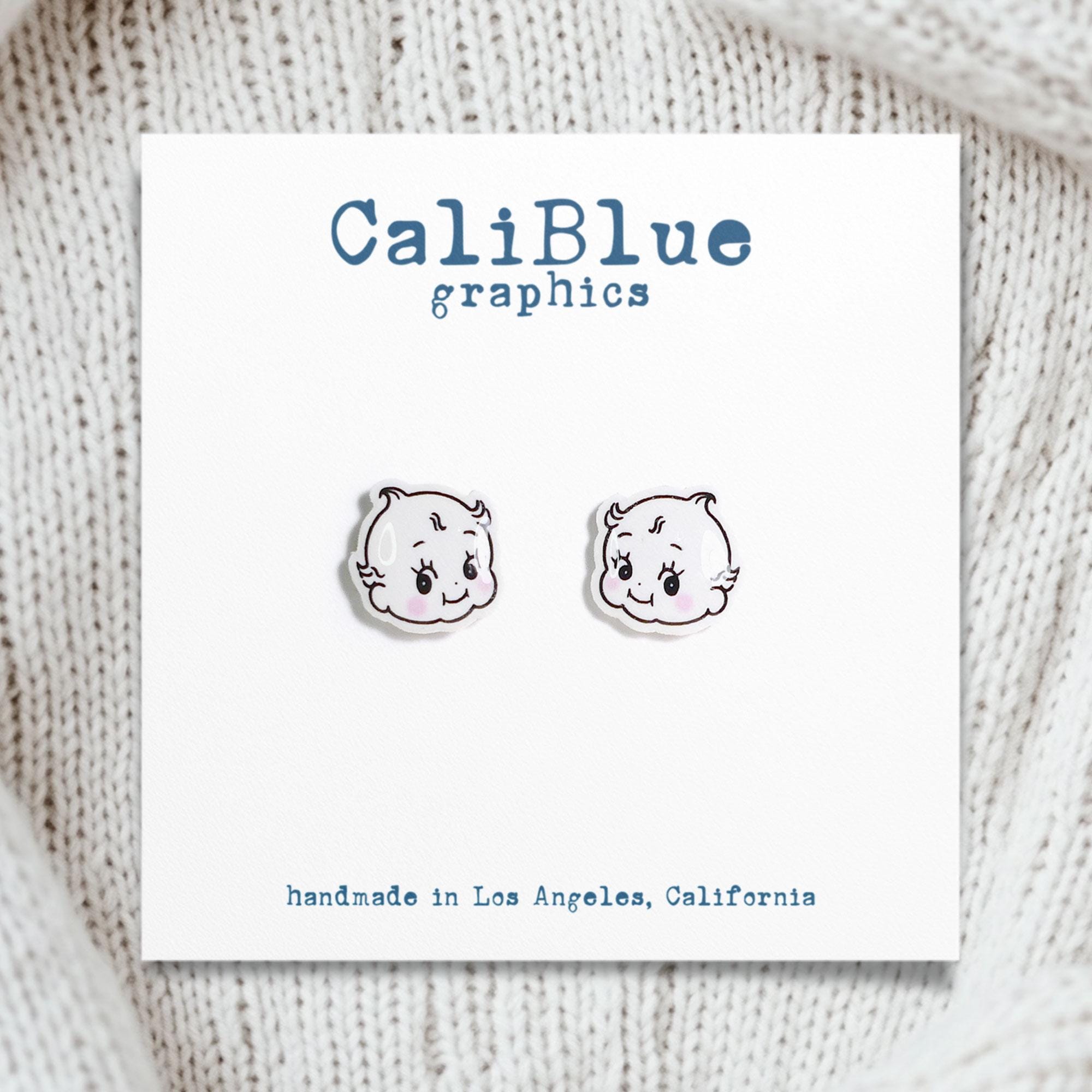 Cute Kewpie face stud earrings, Fun girl earrings, Cartoon character earrings