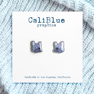 Cute French Bulldog Head stud earrings, Fun girl earrings, Cartoon character earrings (Blue)