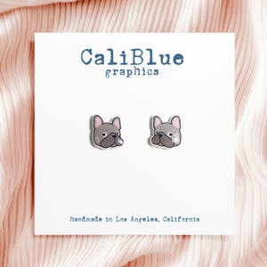Lindos aretes con forma de cabeza de bulldog francés, divertidos aretes de niña, aretes con personajes de dibujos animados (gris)