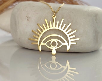 Sun and Eye Necklace, Celestial Sunburst Necklace, Trendy Third Eye Necklace, Everyday Mama Necklace