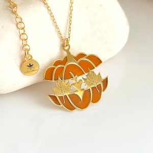 Halloween Necklace with Pumpkin and Leaf, Custom Halloween Pumpkin Jewelry, Best Friend Halloween Gifts image 1