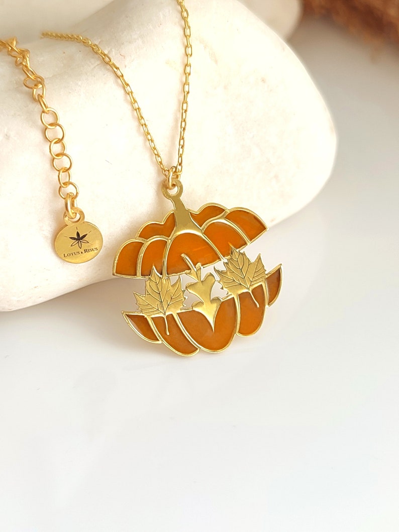 Halloween Necklace with Pumpkin and Leaf, Custom Halloween Pumpkin Jewelry, Best Friend Halloween Gifts image 1