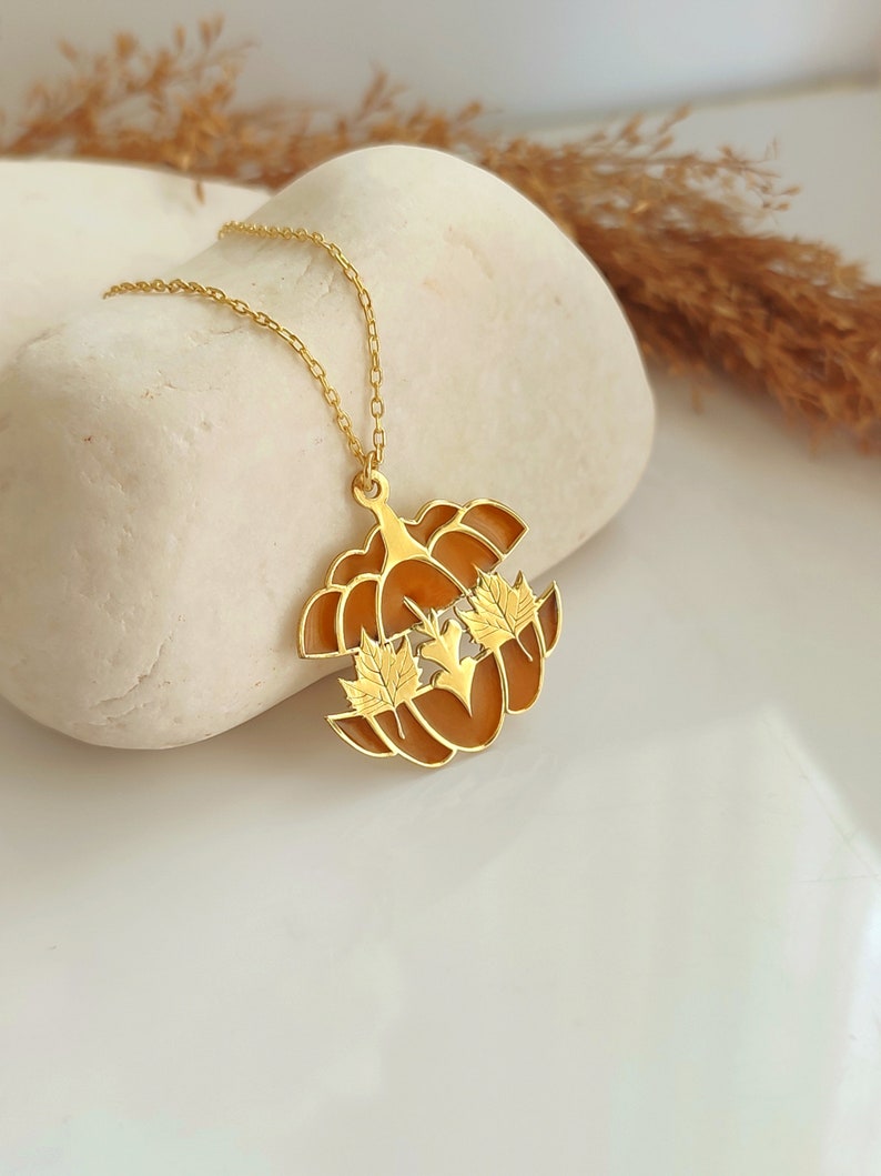 Halloween Necklace with Pumpkin and Leaf, Custom Halloween Pumpkin Jewelry, Best Friend Halloween Gifts image 6