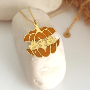Halloween Necklace with Pumpkin and Leaf, Custom Halloween Pumpkin Jewelry, Best Friend Halloween Gifts image 3