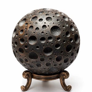 Op de afbeelding: Een bolvormig object met een donker, getextureerd oppervlak bedekt met talloze cirkelvormige kraters van verschillende groottes, lijkend op een maan. De bol rust op een bronskleurige metalen standaard met drie gebogen, krulvormige poten.