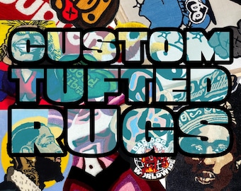May include: A collage of custom tufted rugs with various designs and colors. The text "CUSTOM TUFTED RUGS" is overlaid on the image. The rugs feature images of cartoon characters, logos, and abstract patterns.