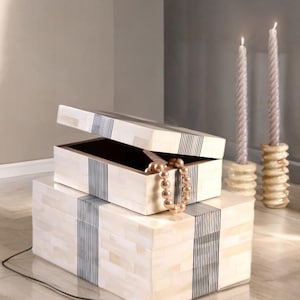 Jodhpur Bone Inlay Decorative Jewelry Storage Box – Handmade White Stripe Design, Velvet Lined, Brass Hinges | Rustic Home Décor Gift