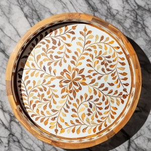 Jodhpur Wooden Inlay Round Tray - Brown Floral Print Decorative Tray - Nacre Breakfast Tray - Lacquer Serving Tray - Floral Print Tray