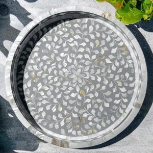 Jodhpur Mother Of Pearl Inlay Round Tray, Grey Floral Print Tray, Dining Table Tray, Living Room Tray, Decorative Tray for Drink