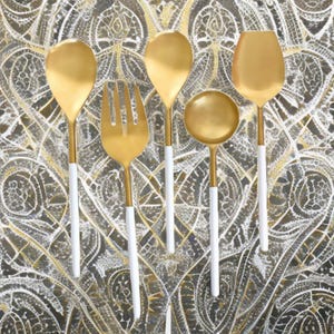 Gold Finish With White Handle Serving Set Of 5 - Brass Dining Serving Set - Tableware - Flatware - Salad Serving Set - Wedding Serving Set