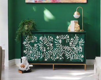 Jodhpur Mother of Pearl Inlay Cabinet - Boho Sideboard - Handmade Green & Gold Floral Cabinet - Bohemian Luxury Storage for Living Room