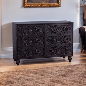 6 Drawer Hand Carved Wood Dresser – Rustic Floral Design Dark Brown Storage Cabinet – Minimalist Wooden Chest of Drawers - Housewarming Gift
