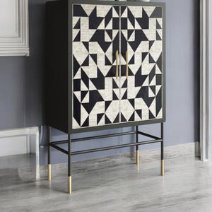 Indian Bone Inlay Furniture – Geometric Pattern Bar Cabinet, Black & White, Handcrafted Bar Console, Home Décor Nightstand, Elegant Storage