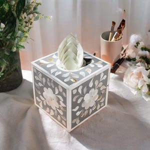 Grey Mother of Pearl Inlay Decorative Tissue Box - Floral Storage Box -Handmade Indian Tissue Box - mother of pearl inlay cubic tissue box