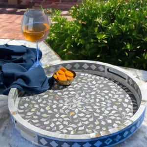 Jodhpur Mother Of Pearl Inlay Round Tray, Grey Floral Print Tray, Dining Table Tray, Lacquer Serving Tray, Decorative Hall Tray, Coffee Tray