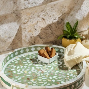 Olive Green Mother Of Pearl Inlay Round Tray - Floral Print Console Tray-Living Room Tray-Hall Decorative Tray -Table Tray -Tray for Drinks
