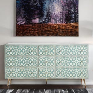 Bone Inlay Moroccan Design Chest of 9 Drawers, Light Blue Bone Inlay Cabinet/Storage Unit/Dresser, Moroccan Style Boho Furniture for Home