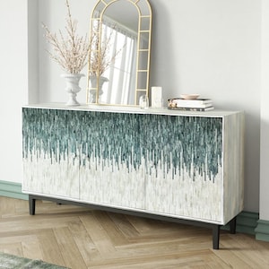 Handcrafted Green Bone Inlay Media Console | Elegant Sideboard Cabinet | Moroccan Style TV Unit | Bone Inlay Furniture for Living Room