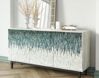 Handcrafted Green Bone Inlay Media Console | Elegant Sideboard Cabinet | Moroccan Style TV Unit | Bone Inlay Furniture for Living Room