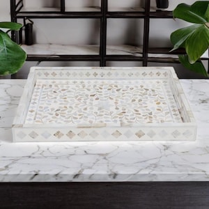 Jodhpur Mother Of Pearl Inlay Rectangular Tray, White Floral Print Tray, Coffee Table Tray, Living Room Tray For Drinks,  Decorative Tray,