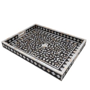 Jodhpur Mother pearl inlay tray, rectangle breakfast tray, black floral serving tray, coffee table tray, decorative tray, housewarming gift