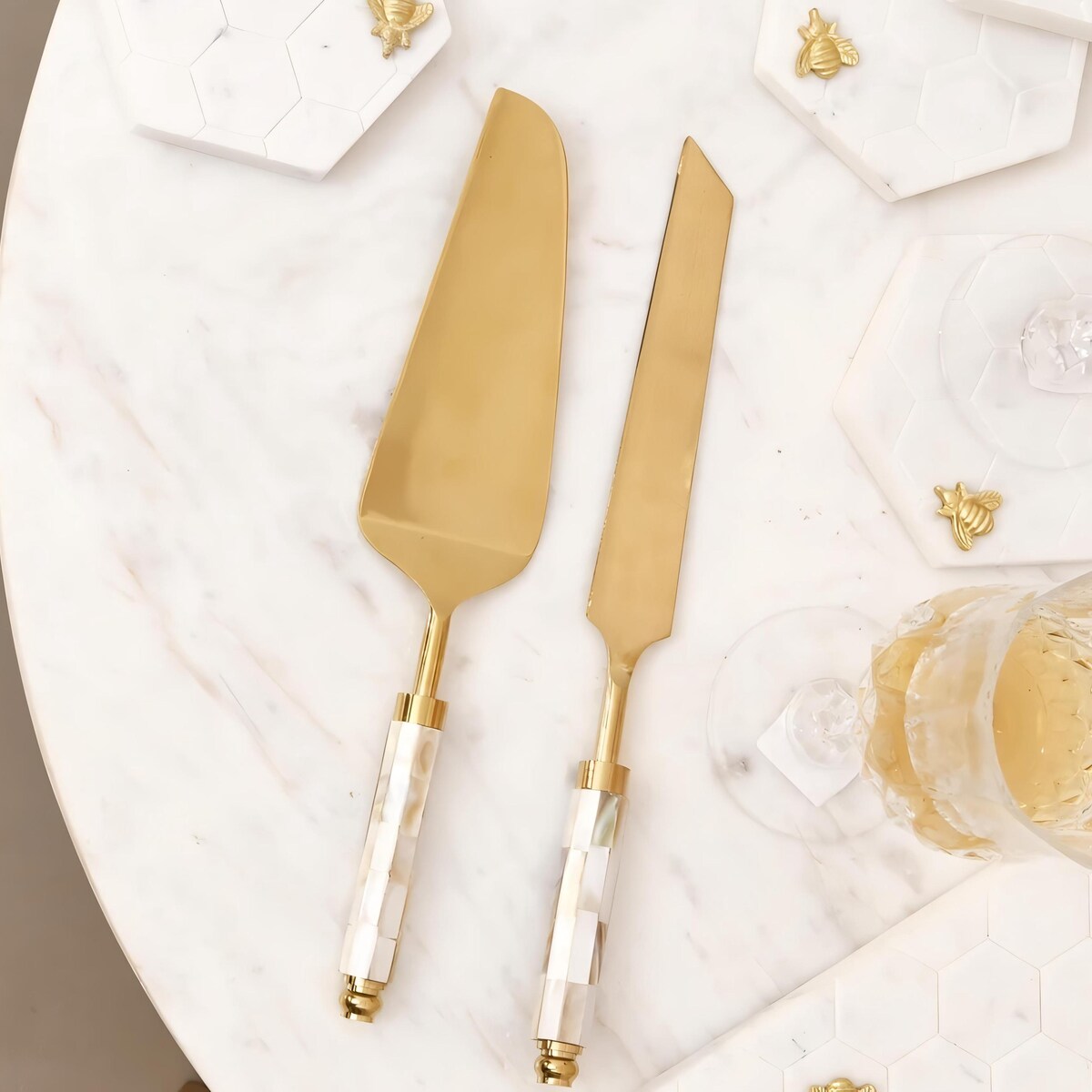 Mother Of Pearl Gold Cake Knife and Server - Set Of 2 - Wedding Cake Cutting Set - Wedding Serving Set - Cake Cutter Serving Set for Wedding