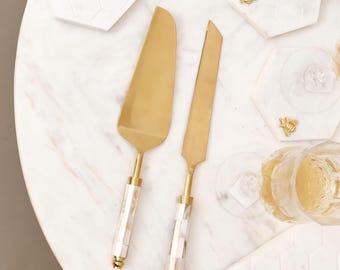 Mother Of Pearl Gold Cake Knife and Server - Set Of 2 - Wedding Cake Cutting Set - Wedding Serving Set - Cake Cutter Serving Set for Wedding