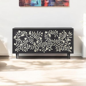 Boho Cabinet - Elegant Mother of Pearl Inlay Sideboard - Handmade Black & Silver Floral Cabinet - Bohemian Luxury Storage for Living Room