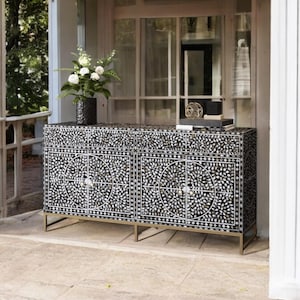 Indian handmade mother of pearl inlay floral Design Buffet Table, Black mother of pearl inlay Cabinet Table,bone inlay living room furniture