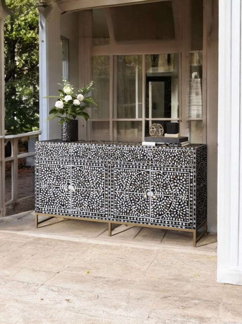 Indian Handmade Mother of Pearl Inlay Floral Design Buffet Table, Black