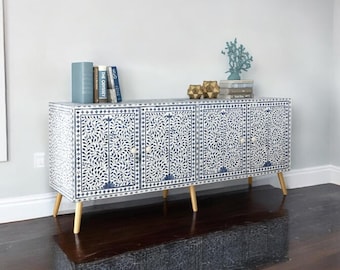 Bone Inlay Media Console with 4 Doors - Indian Bone Inlay Media Unit, Chest of Drawer, Entryway Cabinet and Furniture for Elegant Home Décor