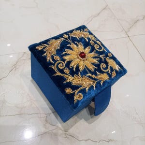 Handcrafted Velvet Jewelry Box- Embroidered Treasure Box for Keepsakes- Jewelry Box with Flowers- Bridesmaid Gifts Proposal- Blue Velvet Box