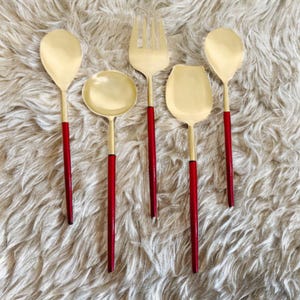 Gold Finish With Red Handle Brass Serving Set Of 5 - Dining Serving Set - Flatware - Tableware - Gift For Couple - Salad Serving Set