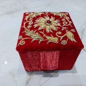 Hand Embroidered Red Velvet Jewelry Box, Decorative Keepsake Box- Trinket & Memory Storage Box- Wooden Jewelry Box- Luxury Jewelry Organizer